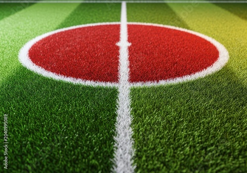 Red center circle on a green artificial turf soccer field
