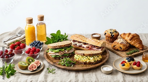 Gourmet Brunch Spread with Sandwiches Pastries Fresh Fruit and Juice