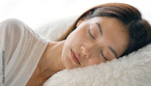 Peaceful woman sleeping on soft white pillow in bright room