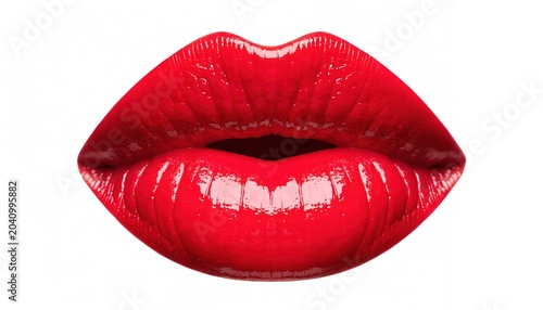 Close-up of glossy red lips with a white background