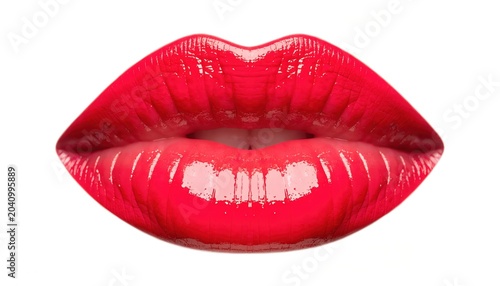 Close-up of glossy red lips with a white background