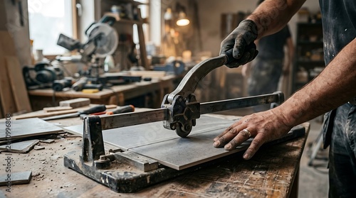Professional worker using manual tile cutter tool in workshop for ceramic flooring installation