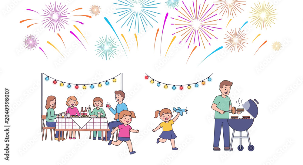 Naklejka premium Happy Family Gathering for Backyard Barbecue Party With Kids Running Under Colorful Fireworks and Festive Lights