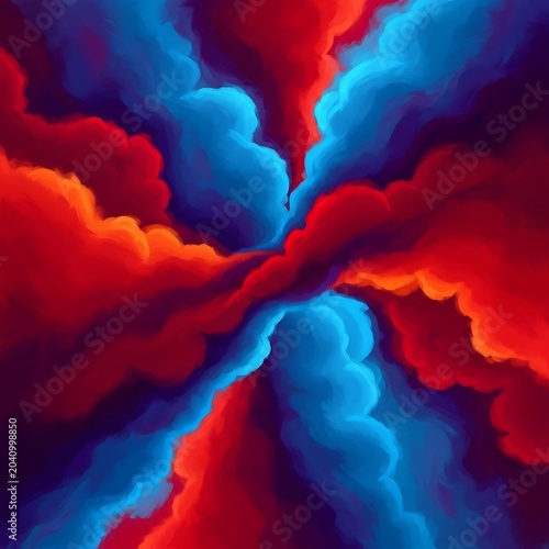 Swirling abstract of vibrant red and blue clouds exploding outwards