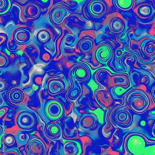 Swirling abstract pattern of bioluminescent concentric circles in vibrant blues, greens, and pinks