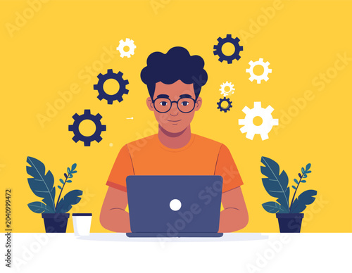 Smiling man working on laptop with gears above head on yellow background