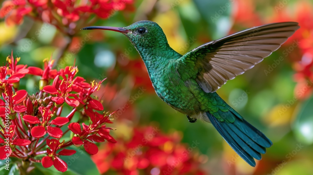 Obraz premium A vibrant green hummingbird in mid-air feeding from bright red tropical flowers in a lush, sunlit botanical garden, capturing its wings in motion.