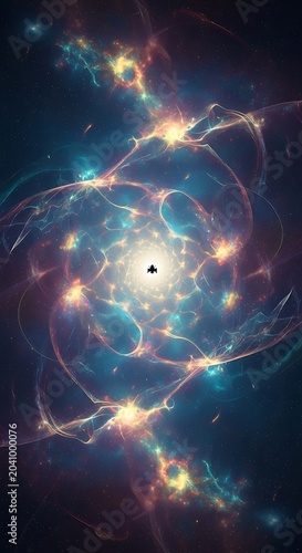 Swirling cosmic nebula with bright center, abstract energetic patterns, deep space