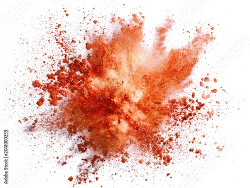 Vibrant orange powder exploding outwards in a cloud against white
