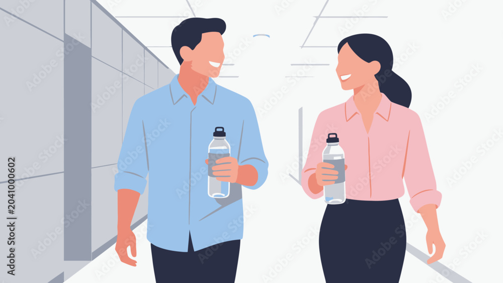 Fototapeta premium Two colleagues walking with water bottles.