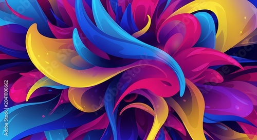 Swirling abstract, vibrant, fluid shapes in blues, pinks, and yellows