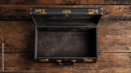 Open vintage briefcase with brass clasps on rustic wood