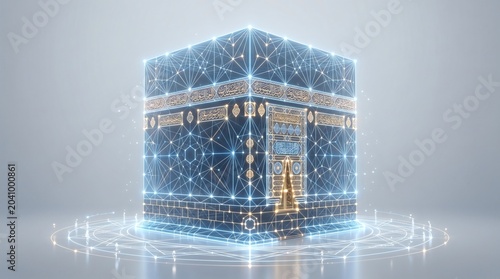 Digital Representation of the Kaaba in Mecca, Saudi Arabia, with Futuristic Design.