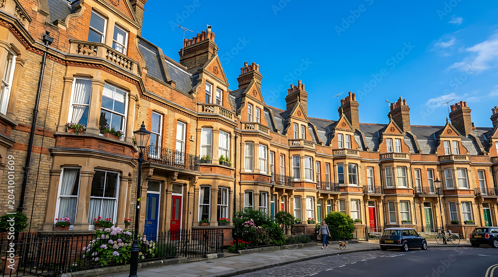 Fototapeta premium Elegant Row of Classic Victorian Terraced Houses in London Featuring Traditional Brick Architecture Colorful Front Doors and Scenic Urban Street