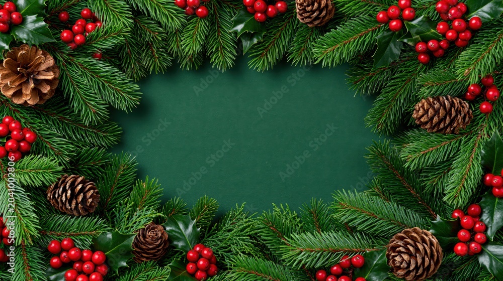 Fototapeta premium Top view of seasonal evergreen boughs and berries arranged as a frame, perfect for holiday design backgrounds.