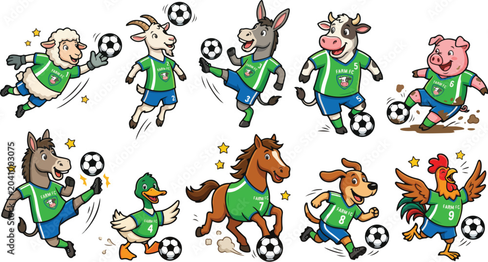 Fototapeta premium A fun cartoon animals soccer team of team character players kicking the animal soccer ball in a vibrant illustration