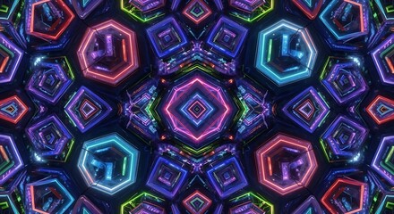 Symmetrical, vibrant neon geometric patterns create an abstract, futuristic digital kaleidoscope