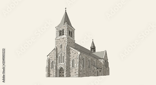 A stone building with a tall steeple and pointed arch windows