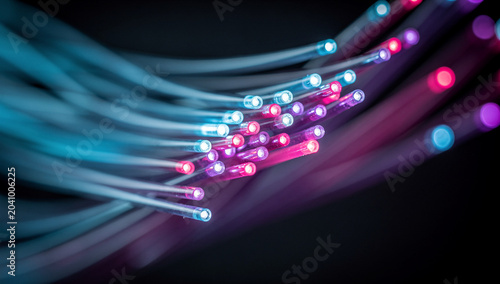 Close-up of Illuminated Fiber Optic Strands for Fast Broadband Connection