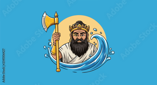 King with beard, crown, axe, and water