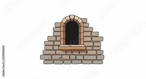A stone brick wall featuring a simple, arched window with a stone sill, set against a white background