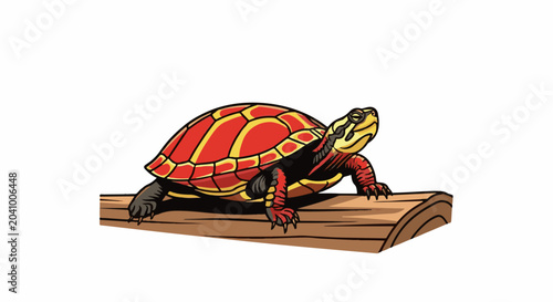 A vibrant, stylized tortoise with a red and yellow patterned shell rests on a log