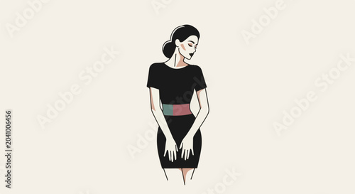 A woman in a black dress with a colored belt, styled hair, and makeup