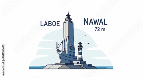 A stylized illustration depicts two lighthouses, one tall and imposing, the other shorter and striped, on a rocky shore with birds overhead