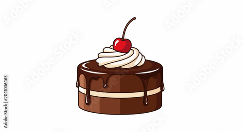 A decadent chocolate cake, adorned with creamy frosting swirls and a bright red cherry on top, drips with rich chocolate glaze
