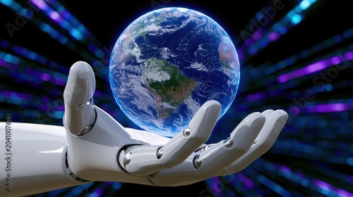 A sleek white robotic hand holding a glowing digital globe hologram of Earth in a futuristic high-tech laboratory with blue and purple light trails.