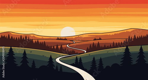 A pixel art landscape depicts rolling hills and a winding path under a vibrant sunset