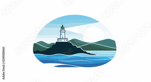 Coastal scene with a white lighthouse on a rocky outcrop, overlooking blue waters and green hills