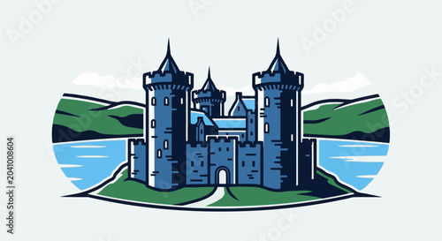 A stylized blue castle stands majestically on a green hill by a tranquil blue lake