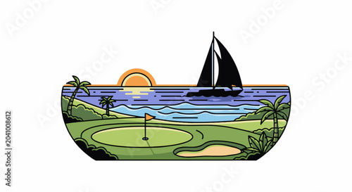 A stylized semi-circle showcases a tropical golf scene with a sailboat on the water at sunset