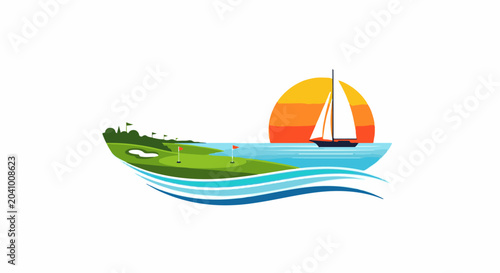 Golf course by ocean with sailboat at sunset