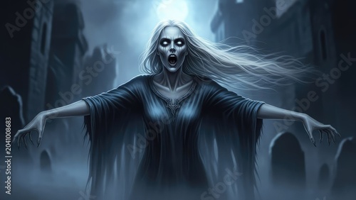 Screaming female ghost haunting misty graveyard under full moon night