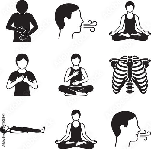 Tableau sur toile Black and white yoga breathing exercises illustration