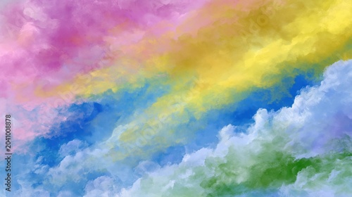 Abstract fine art background featuring a dreamy blend of pastel watercolor clouds in soft shades of pink, yellow, blue, and green with seamless textures.