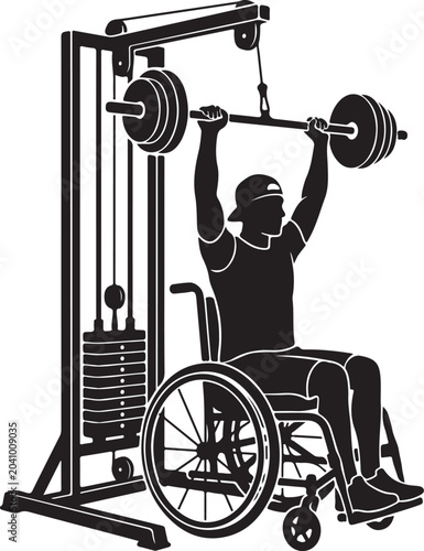 Person in wheelchair lifting barbell at gym station