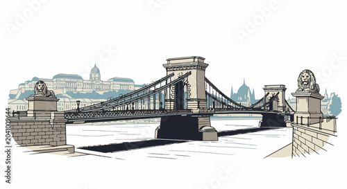 Iconic suspension bridge with stone lion statues and city skyline in background