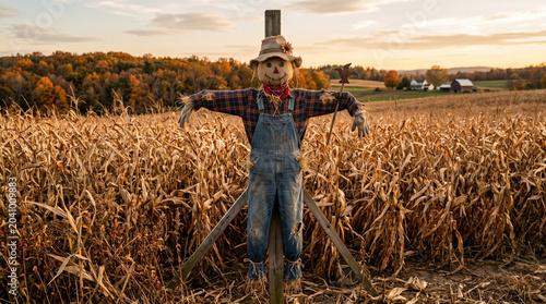Scarecrow standing in cornfield at sunset during autumn season  