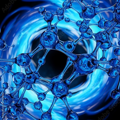 Glossy Blue Molecular Structure Floating in Abstract Swirling Science Background