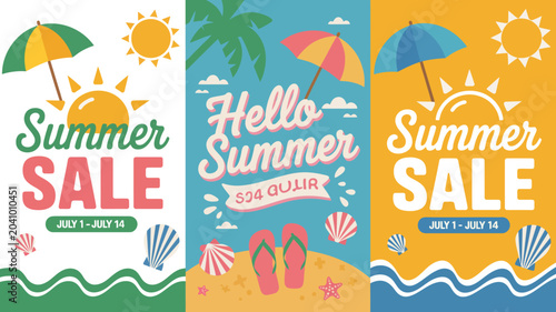 Bild auf Leinwand summer sale banners vector illustration beach umbrella sun flip flops seashells