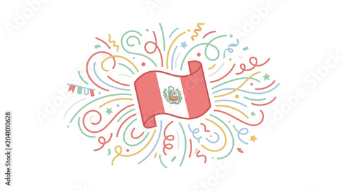Fotografie Hand drawn doodle illustration of the Peru national flag with colorful festive confetti elements