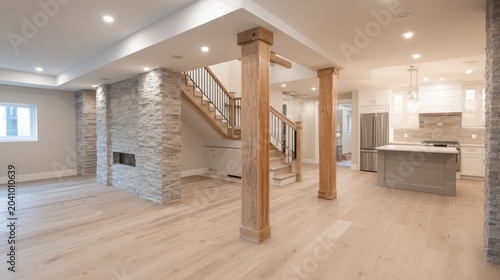 Modern open concept home interior with wood columns and stone fireplace wall