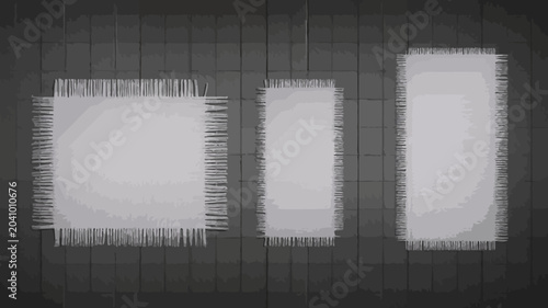 Φωτογραφία three white rectangular patches on dark grid background fabric texture frayed ed
