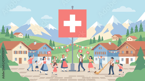 Billede på lærred Happy Swiss People Celebrating Together in Traditional Clothing.