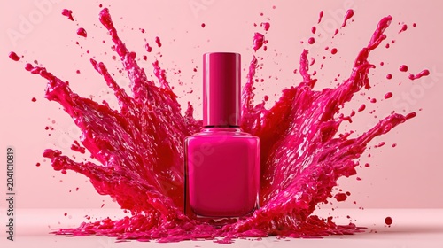 Vibrant hot pink liquid splashing symmetrically around a glossy nail polish bottle against a minimal background.
