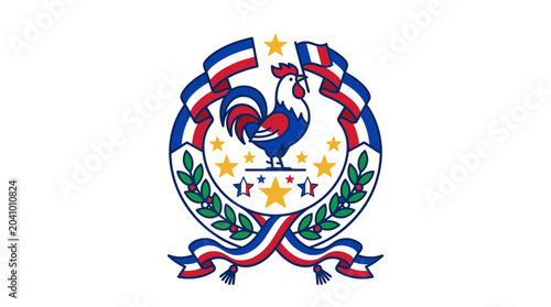 Cuadro en lienzo Heraldic emblem featuring a patriotic rooster surrounded by laurel leaves and French flags