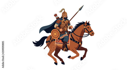 Tableau sur toile Historical Mongol warrior riding a horse with spear and shield.